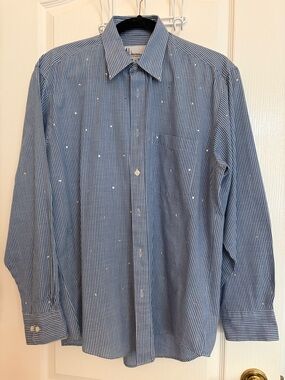 Women’s blue/white Micro-Check Button-Up blouse with rhinestone accents.